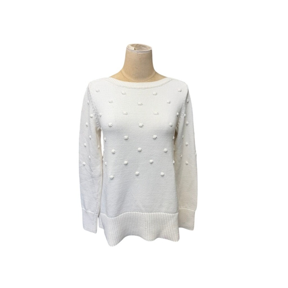 "Ann Taylor" White Pom Pom Popcorn Knit Boat Neck Sweater Womens Sz S Cottage